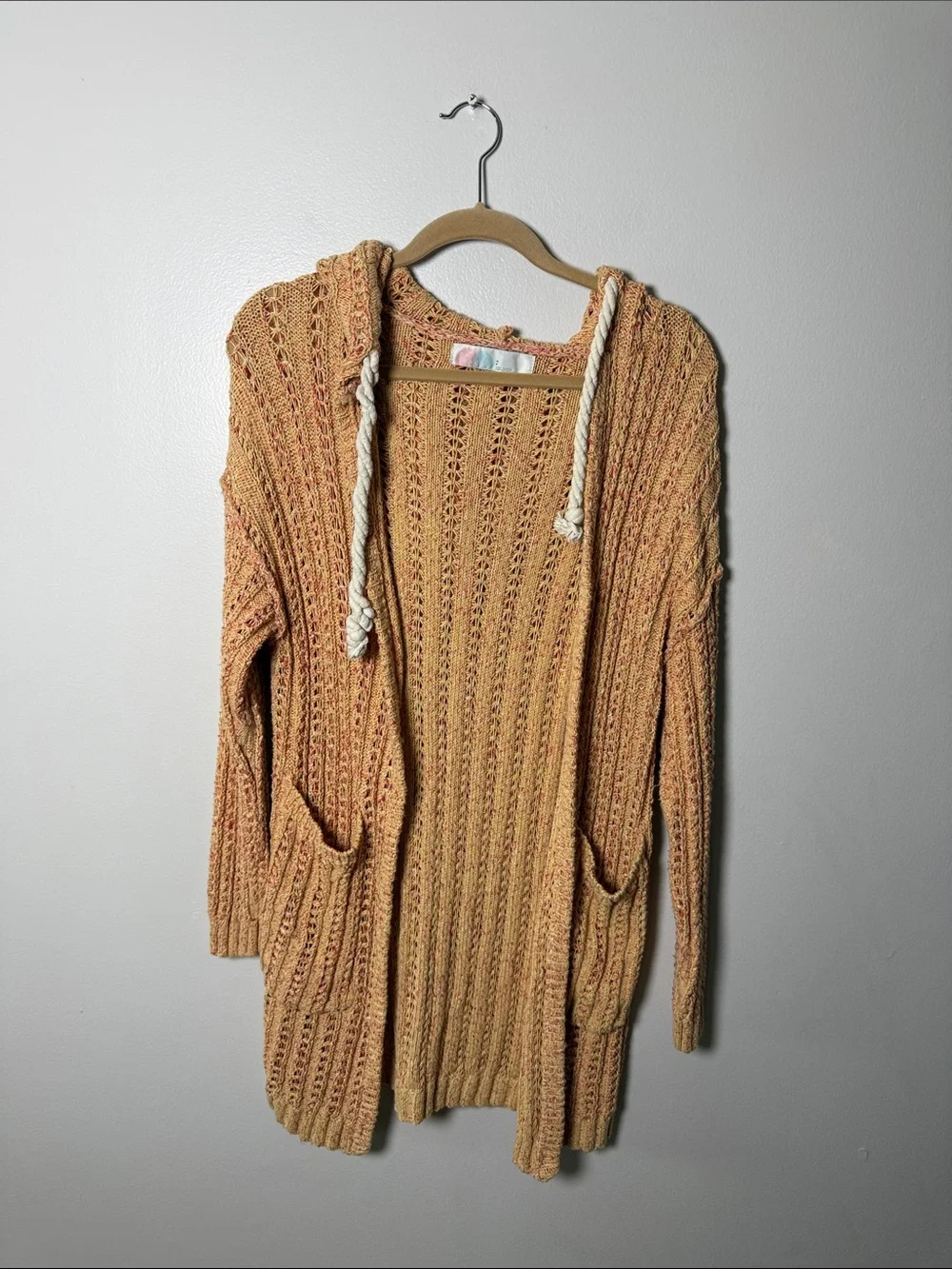 Free People Beach Open-Knit Hooded Cardigan Sweater in Peach Small